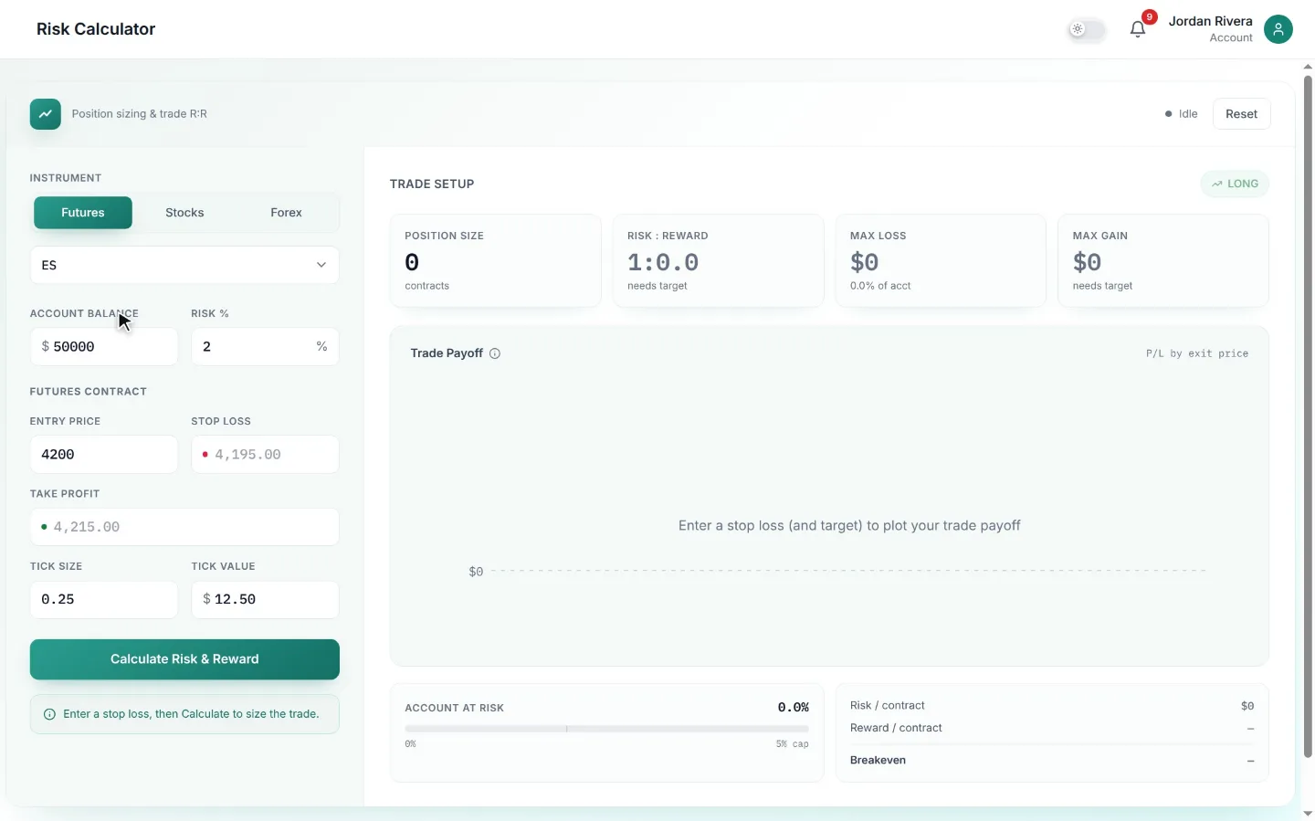 A quick tour of the risk calculator: entry, stop and target, then position size, risk to reward, maximum loss and gain, and the payoff chart.